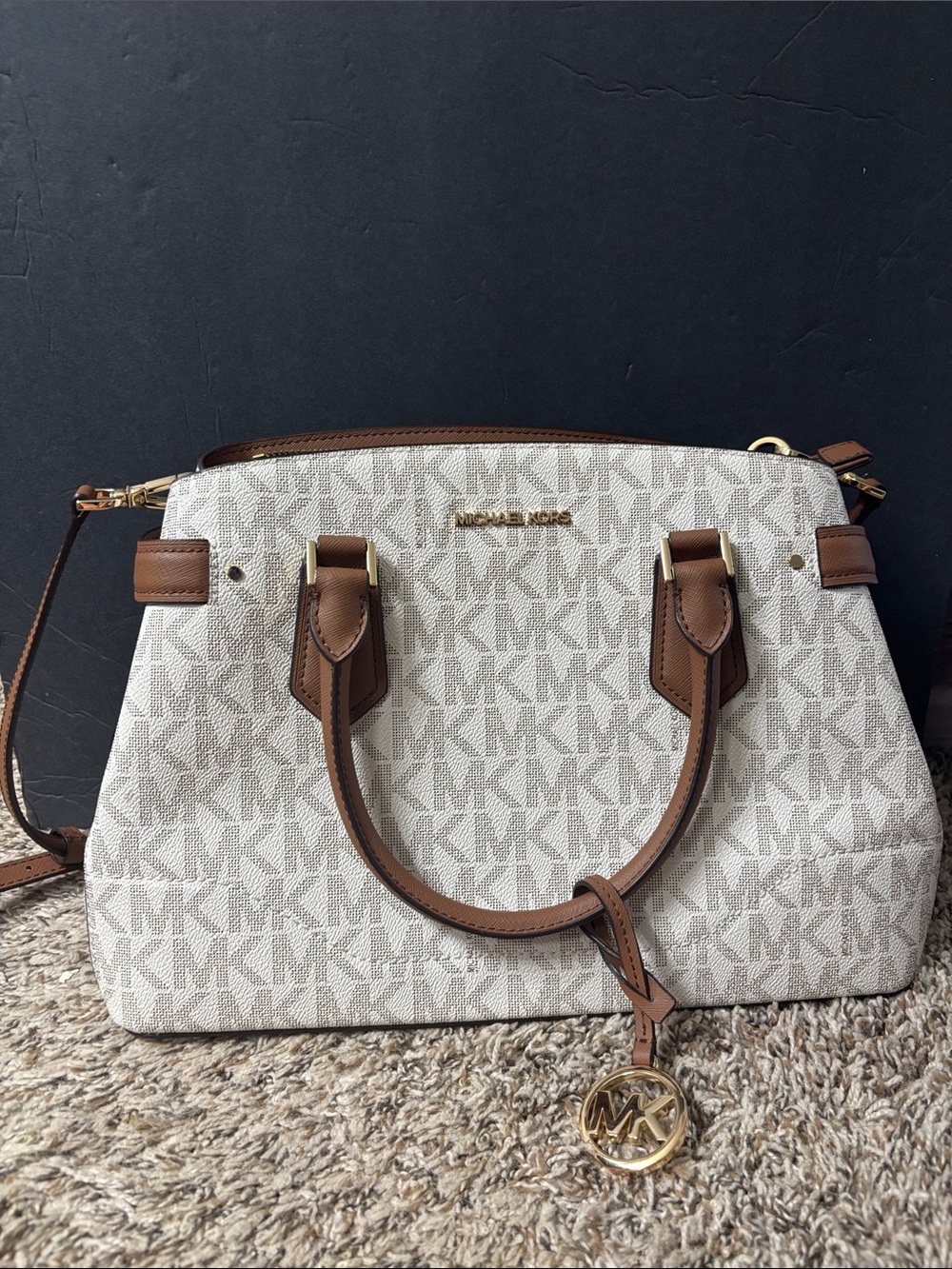Michael Kors White/ Brown Signature MK Satchel with Gold-Tone Charm